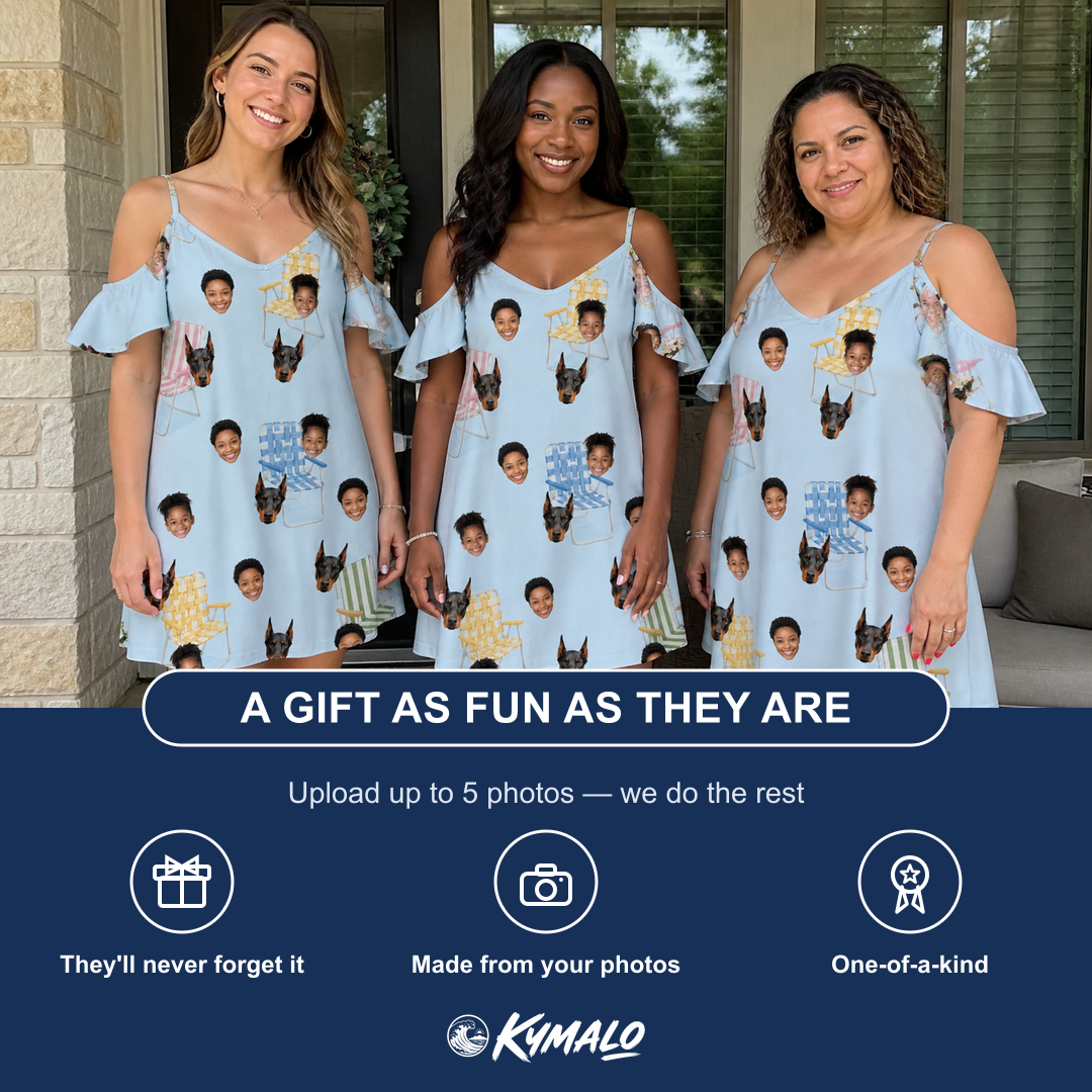 Friends in matching Women's Folded Fellowship Custom Face Off-Shoulder Dress — a group gift photo