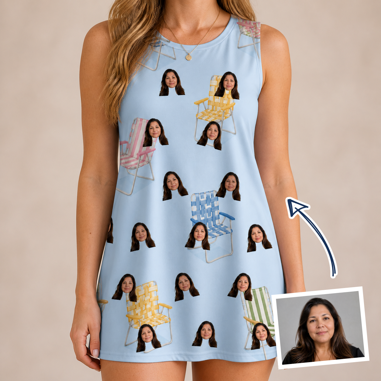 Woman wearing Women's Folded Fellowship Custom Face Tank Dress — custom faces printed all-over
