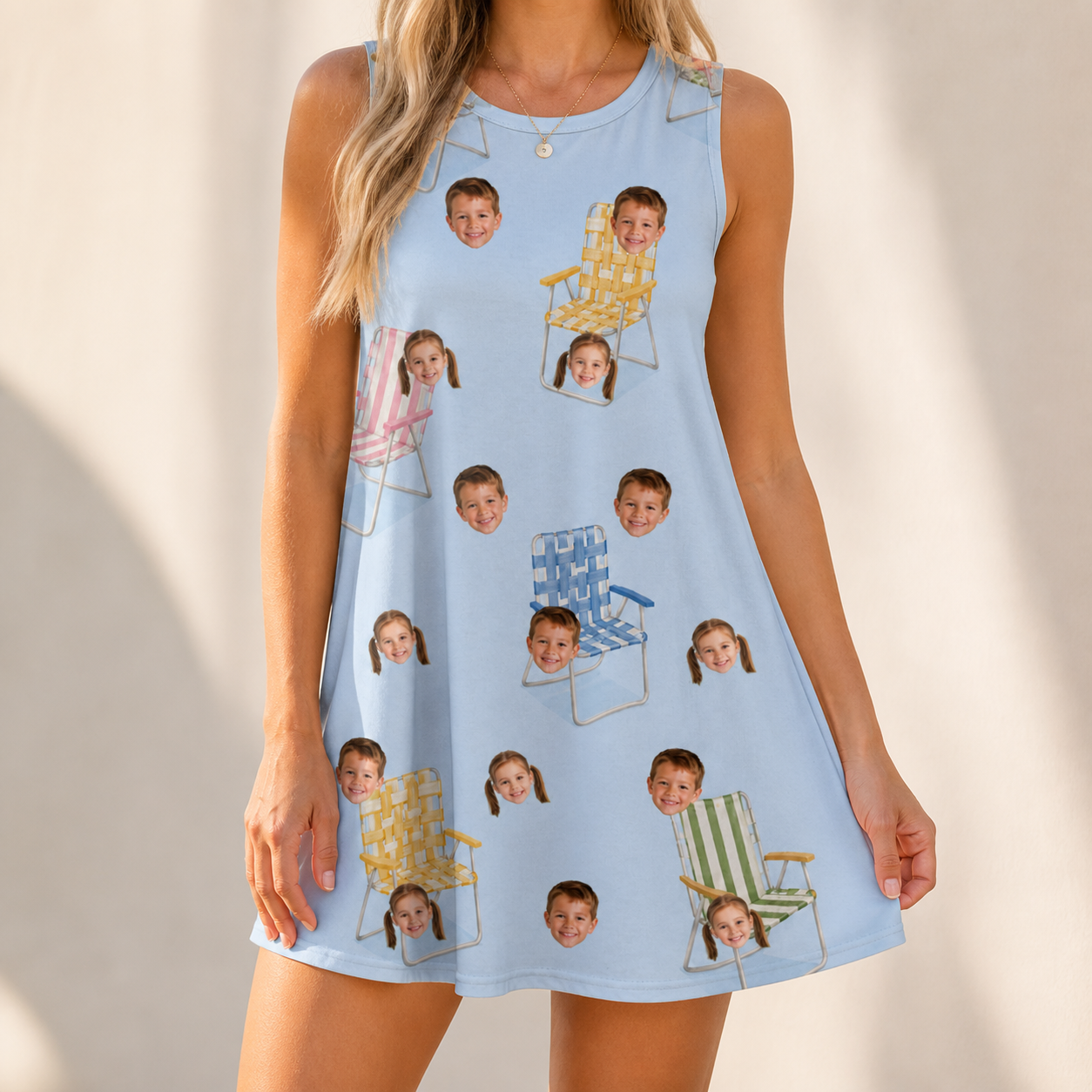 Model wearing Women's Folded Fellowship Custom Face Tank Dress printed with kids' faces
