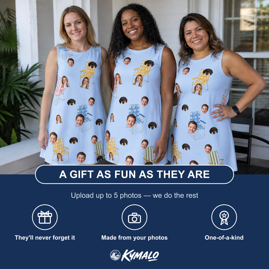 Friends in matching Women's Folded Fellowship Custom Face Tank Dress — a group gift photo