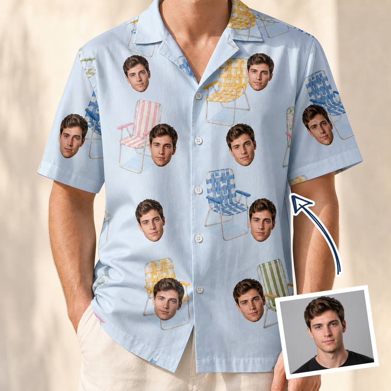 Man wearing Men's Folded Fellowship Custom Face Hawaiian Shirt — custom faces printed all-over
