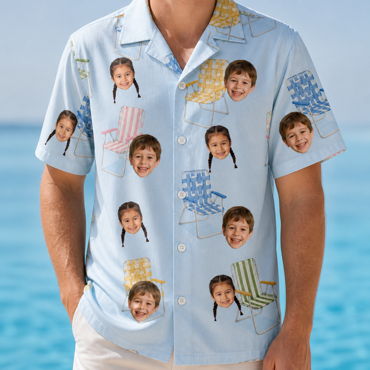Model wearing Men's Folded Fellowship Custom Face Hawaiian Shirt printed with kids' faces