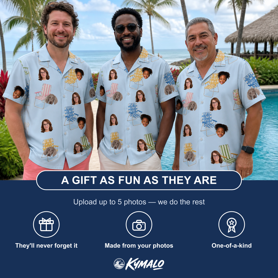 Friends in matching Men's Folded Fellowship Custom Face Hawaiian Shirt — a group gift photo