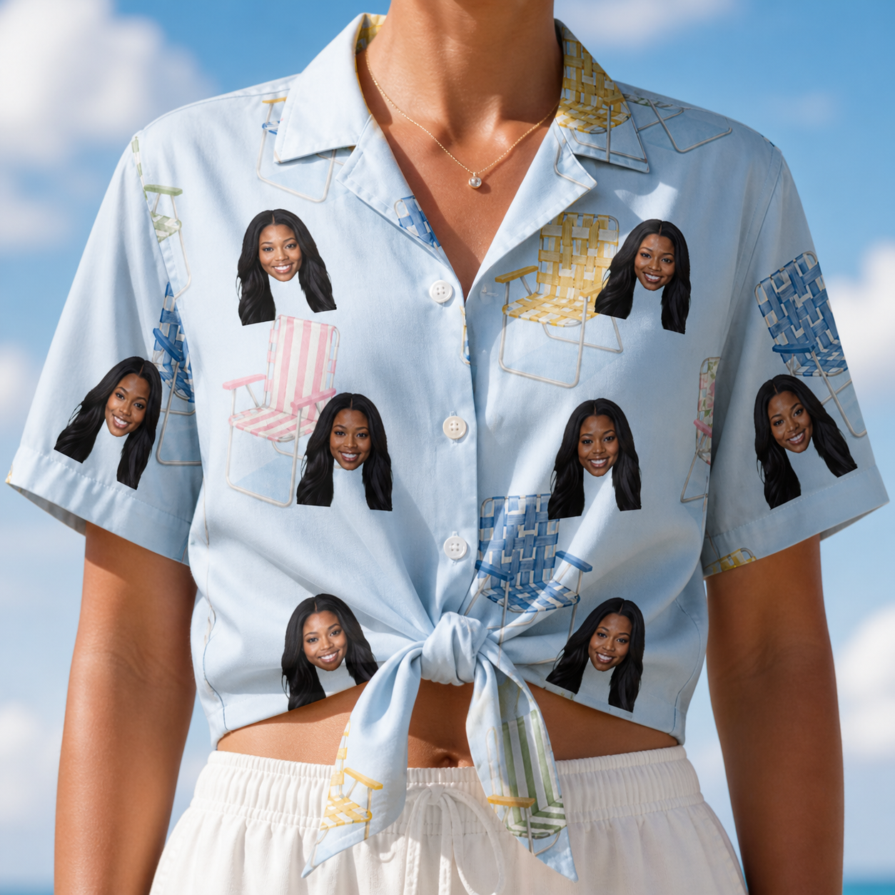 Woman wearing Women's Folded Fellowship Custom Face Hawaiian Shirt tied at the waist