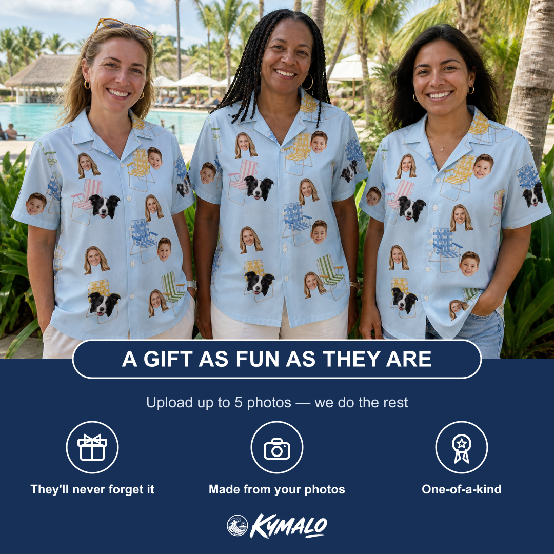 Friends in matching Women's Folded Fellowship Custom Face Hawaiian Shirt — a group gift photo