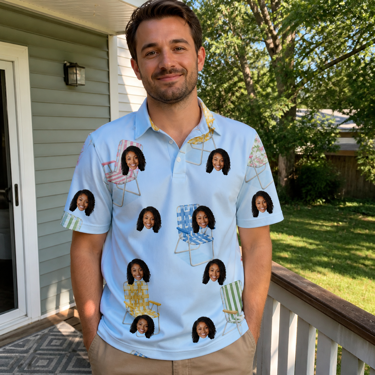 Real-life photo of someone wearing Men's Folded Fellowship Custom Face Polo Shirt — custom faces printed all-over