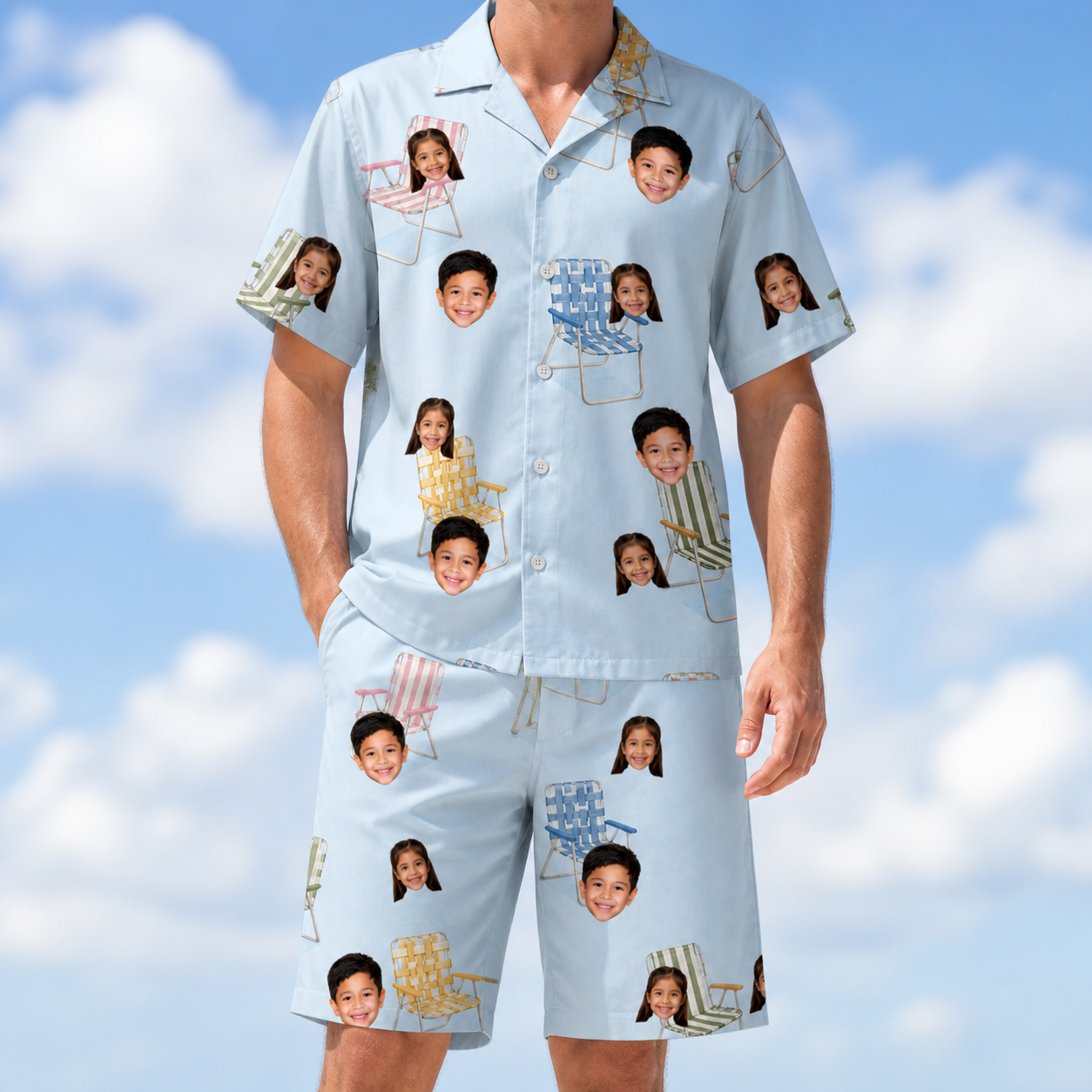 Model wearing Men's Folded Fellowship Custom Face Shirt & Shorts Set printed with kids' faces