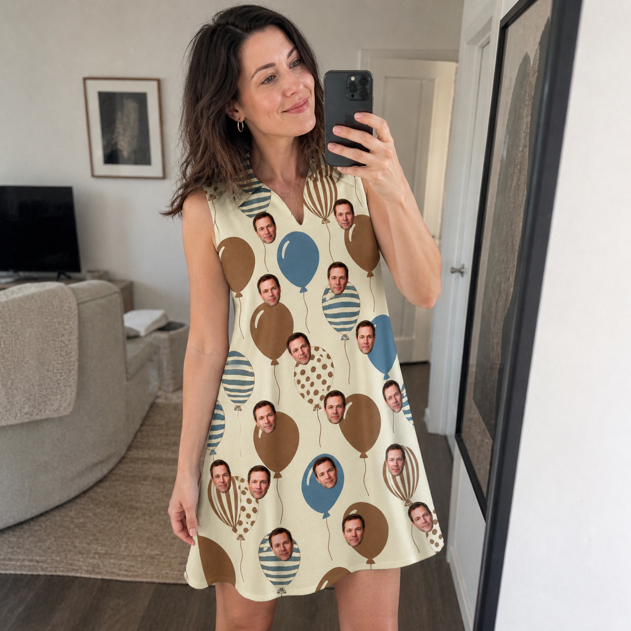 Real-life photo of someone wearing Women's Upward Uproar Custom Face V-Neck Dress — custom faces printed all-over