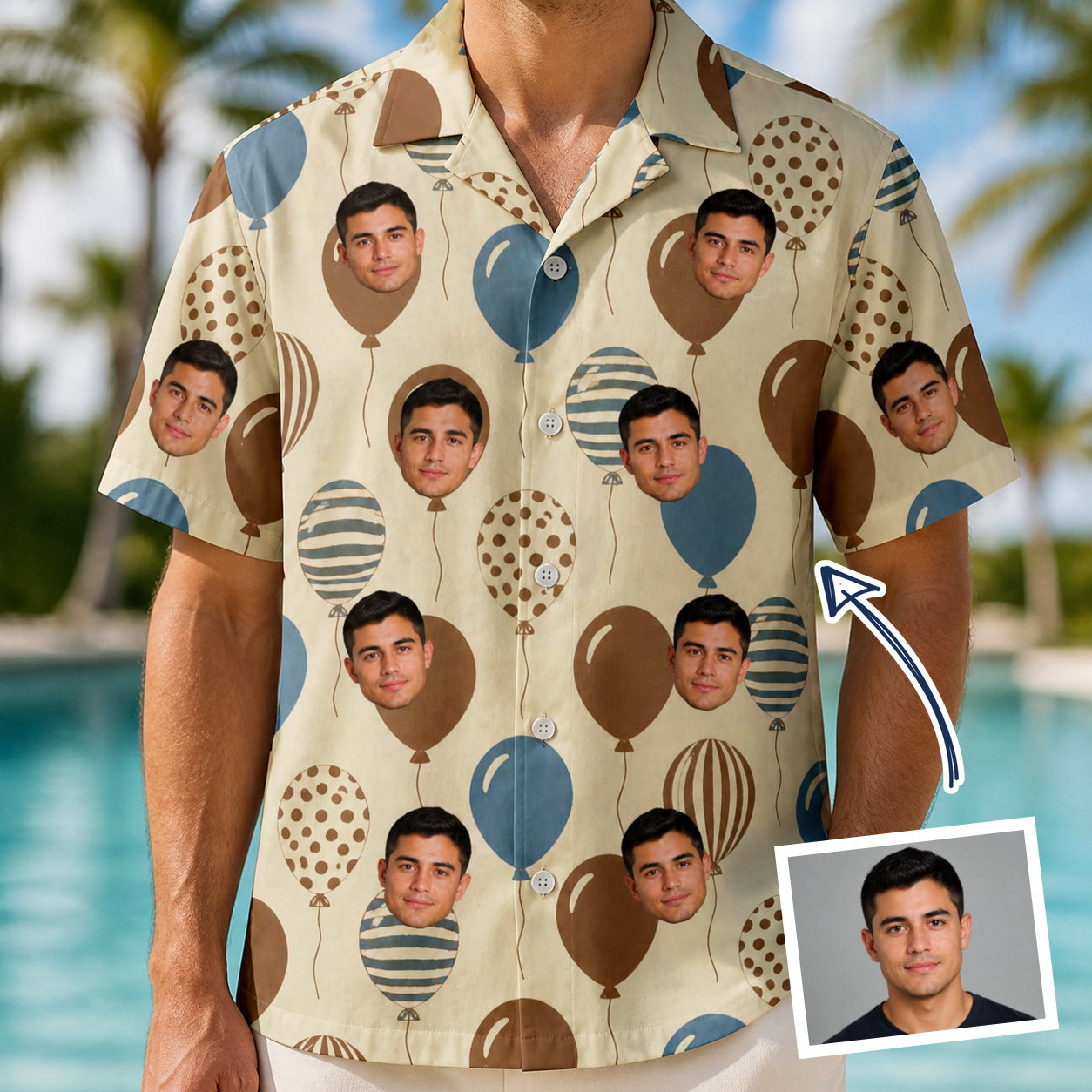 Man wearing Men's Upward Uproar Custom Face Hawaiian Shirt — custom faces printed all-over
