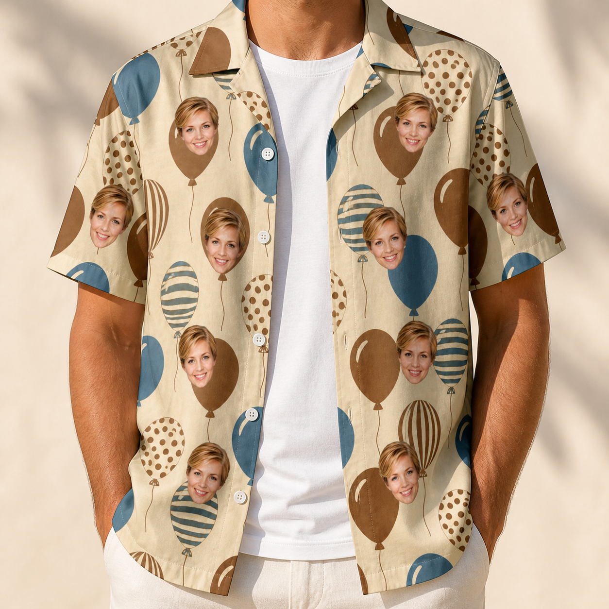 Man wearing Men's Upward Uproar Custom Face Hawaiian Shirt open over a white tee