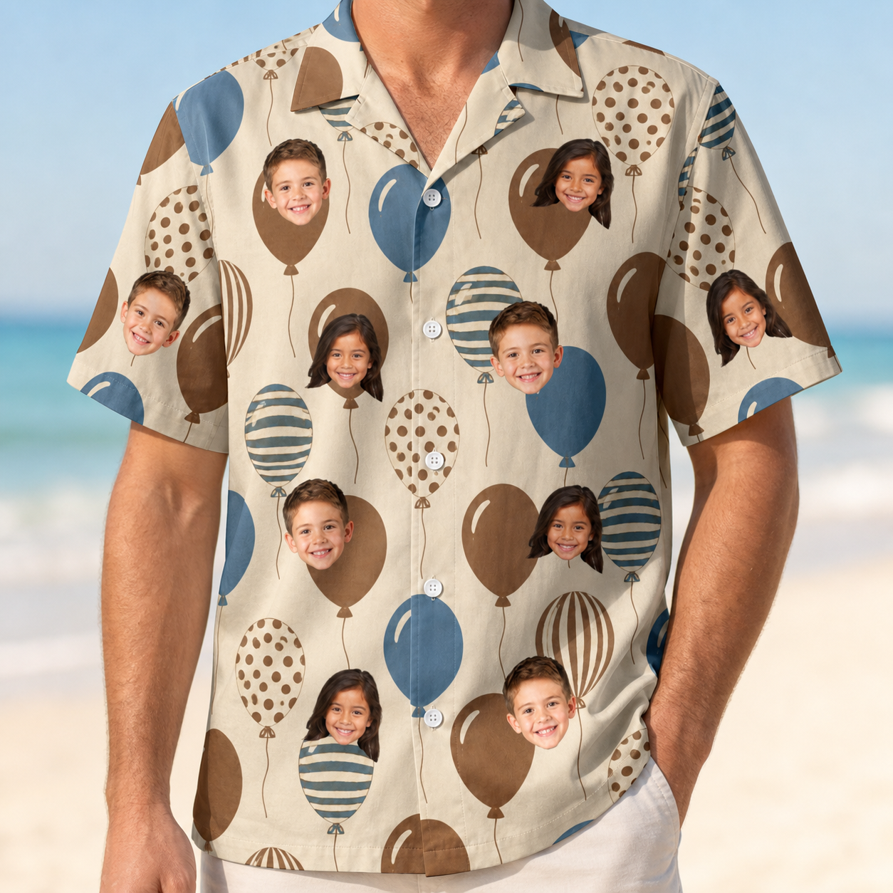 Model wearing Men's Upward Uproar Custom Face Hawaiian Shirt printed with kids' faces
