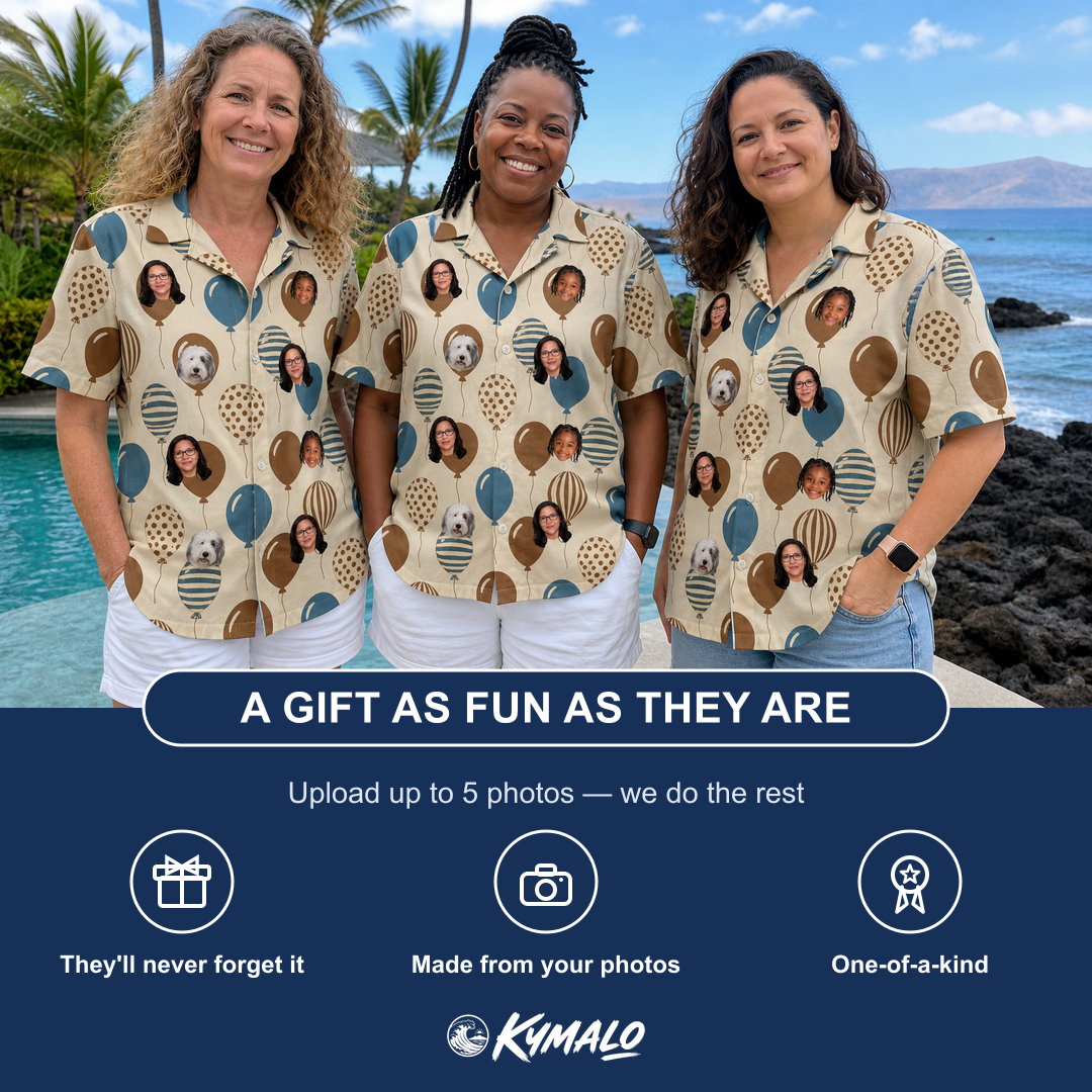 Friends in matching Women's Upward Uproar Custom Face Hawaiian Shirt — a group gift photo