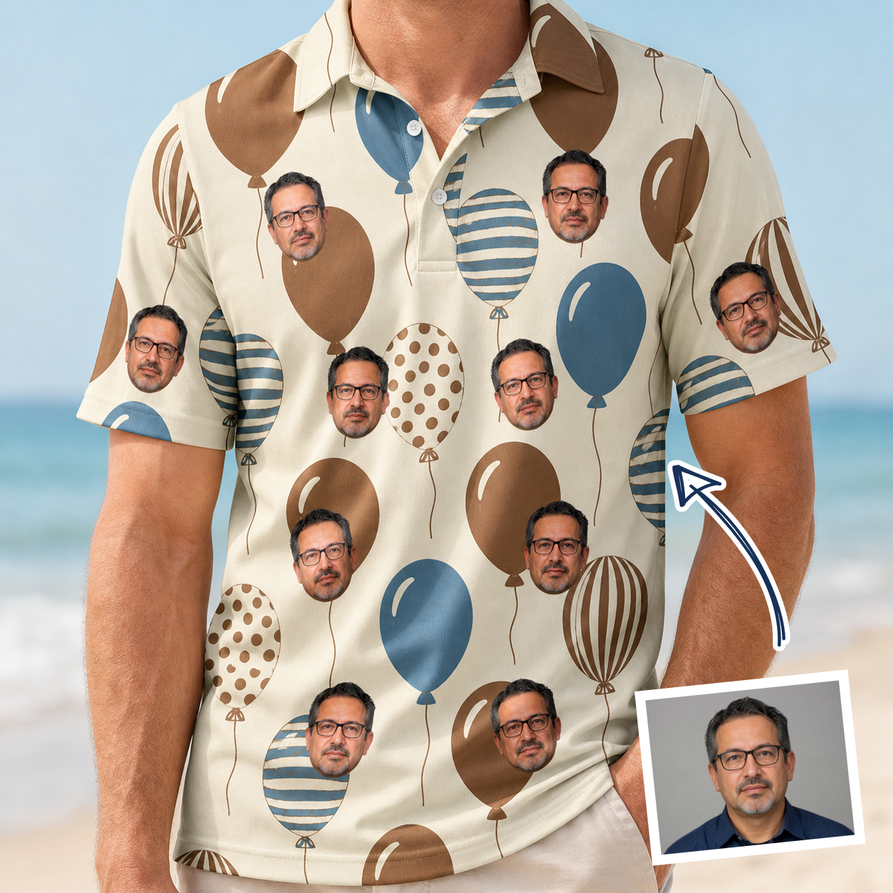Man wearing Men's Upward Uproar Custom Face Polo Shirt — custom faces printed all-over