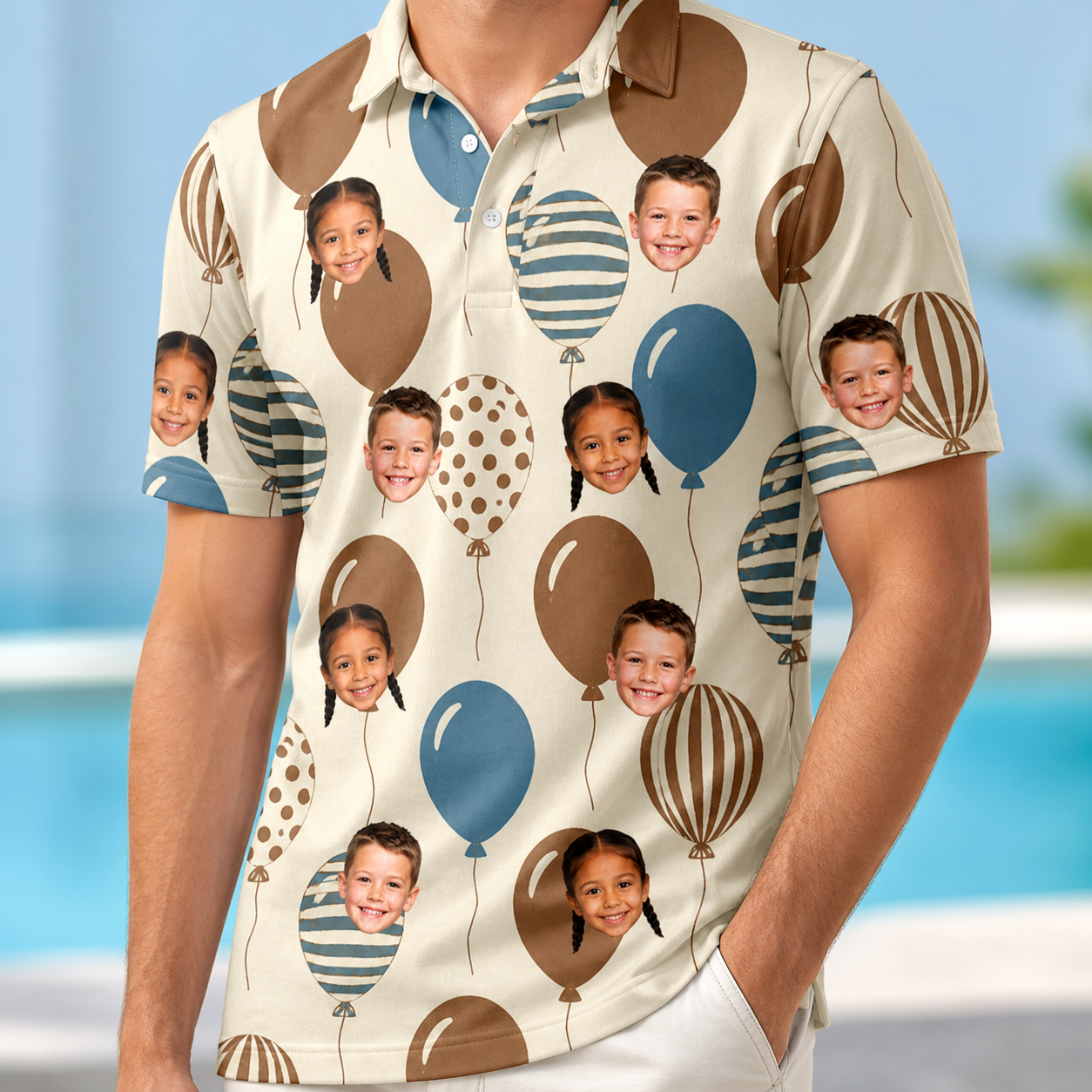 Model wearing Men's Upward Uproar Custom Face Polo Shirt printed with kids' faces