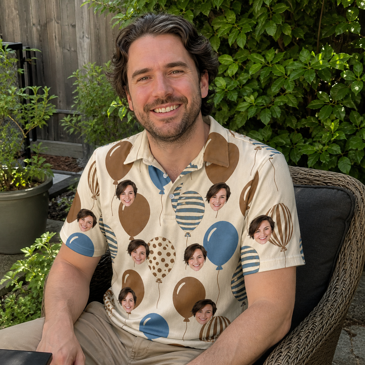Real-life photo of someone wearing Men's Upward Uproar Custom Face Polo Shirt — custom faces printed all-over