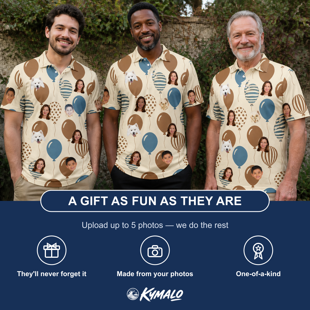 Friends in matching Men's Upward Uproar Custom Face Polo Shirt — a group gift photo