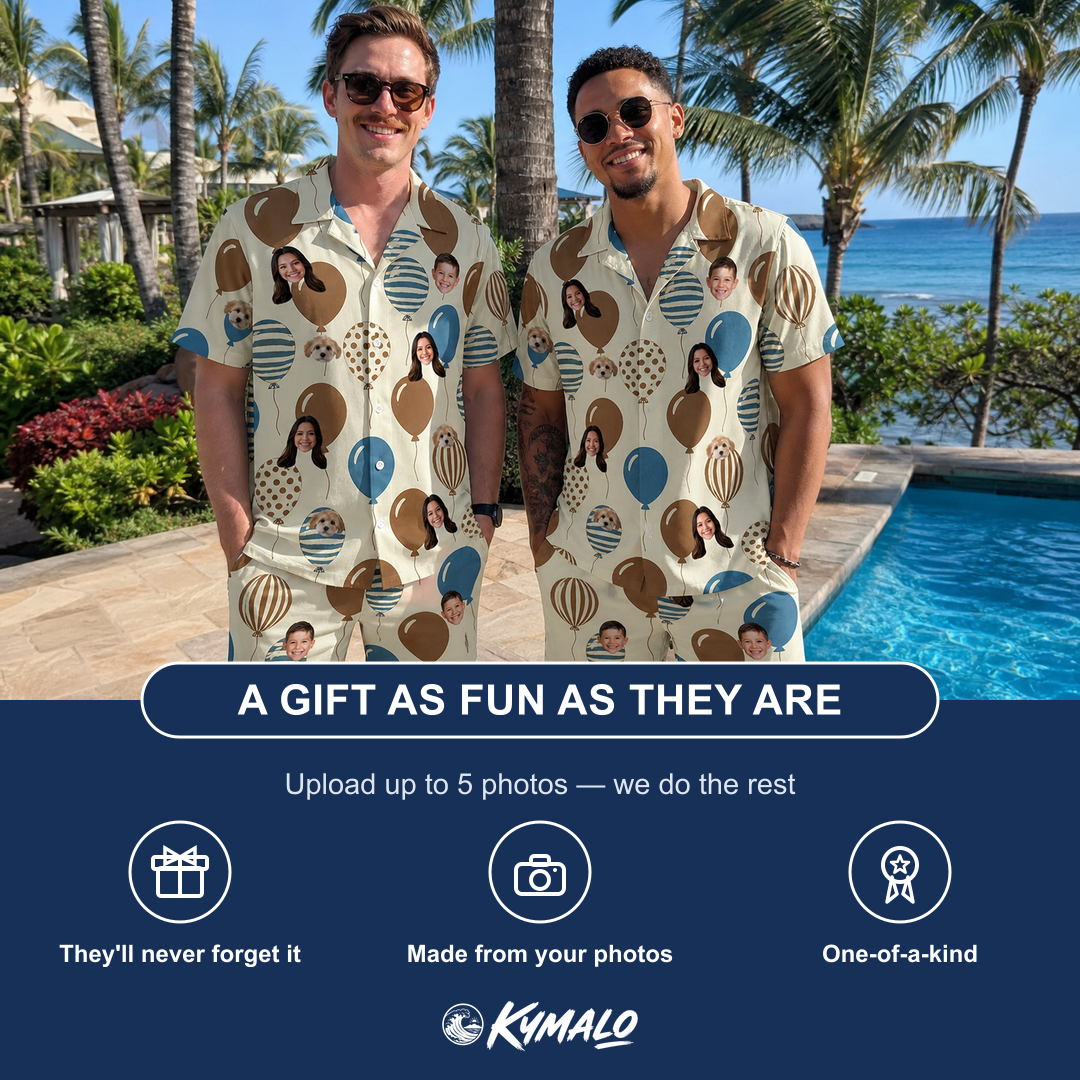 Friends in matching Men's Upward Uproar Custom Face Shirt & Shorts Set — a group gift photo