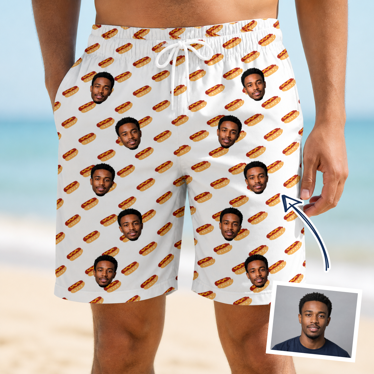 Man wearing Men's Frank Feast Custom Face Beach Shorts — custom faces printed all-over