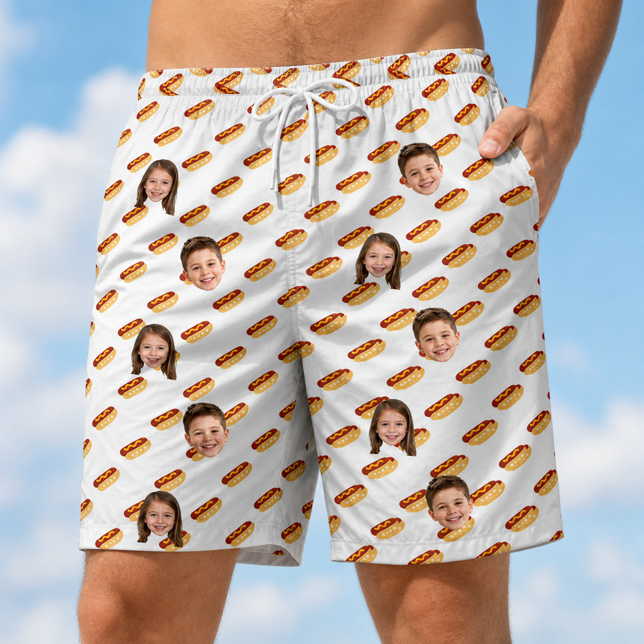 Model wearing Men's Frank Feast Custom Face Beach Shorts printed with kids' faces