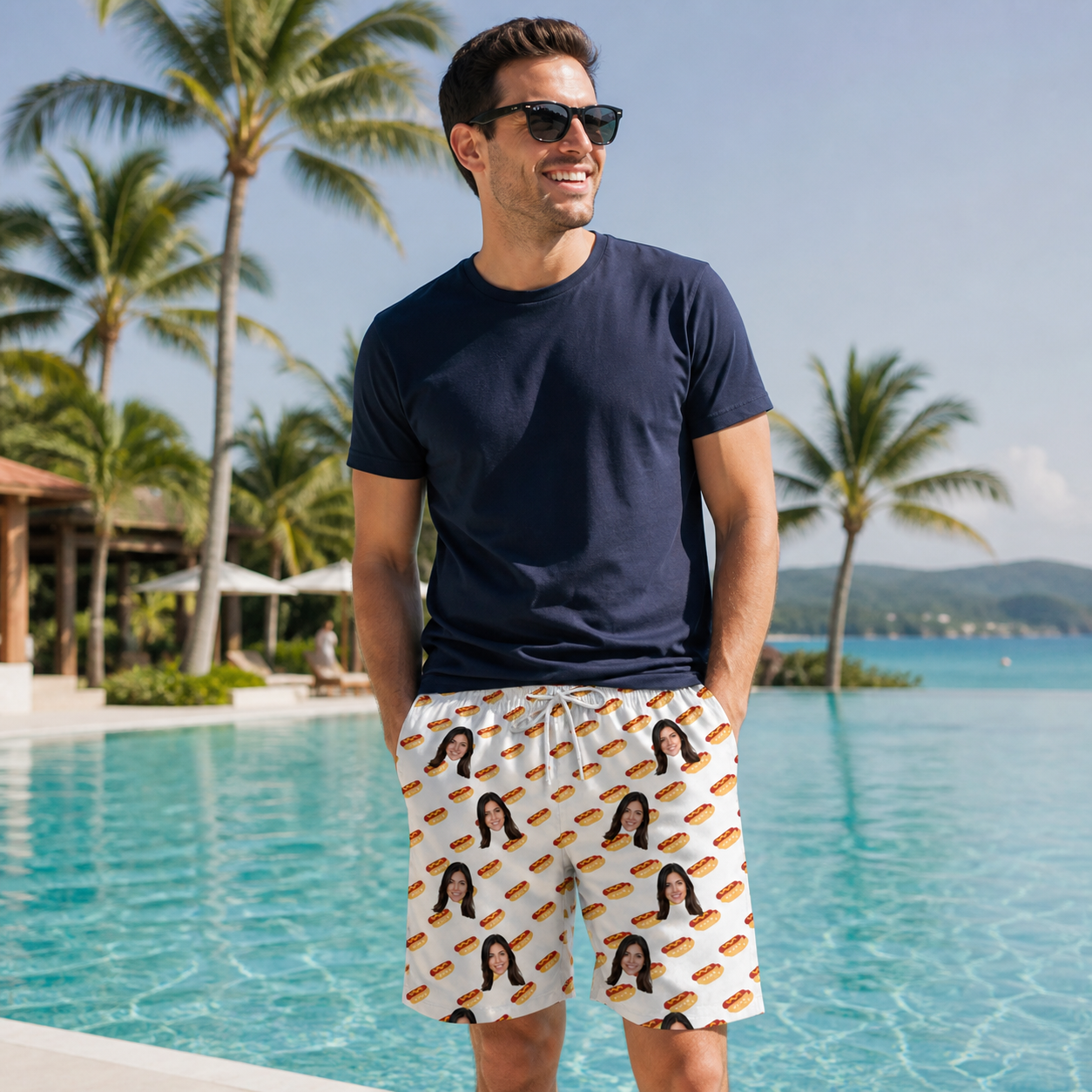 Real-life photo of someone wearing Men's Frank Feast Custom Face Beach Shorts — custom faces printed all-over