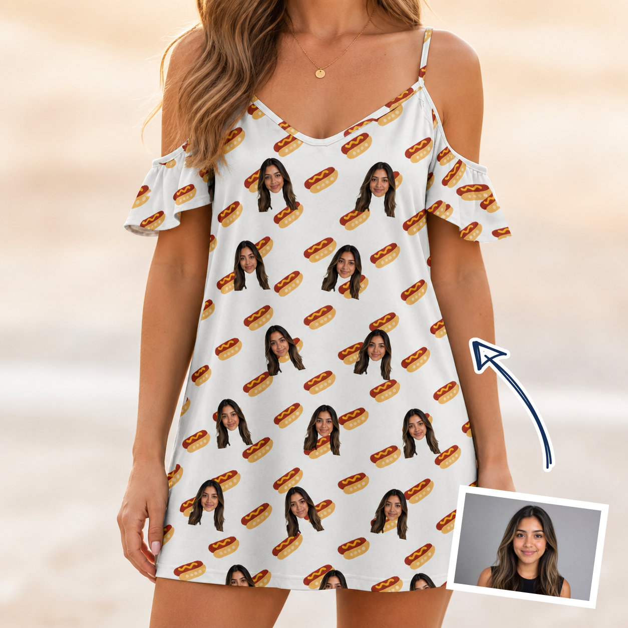 Woman wearing Women's Frank Feast Custom Face Off-Shoulder Dress — custom faces printed all-over