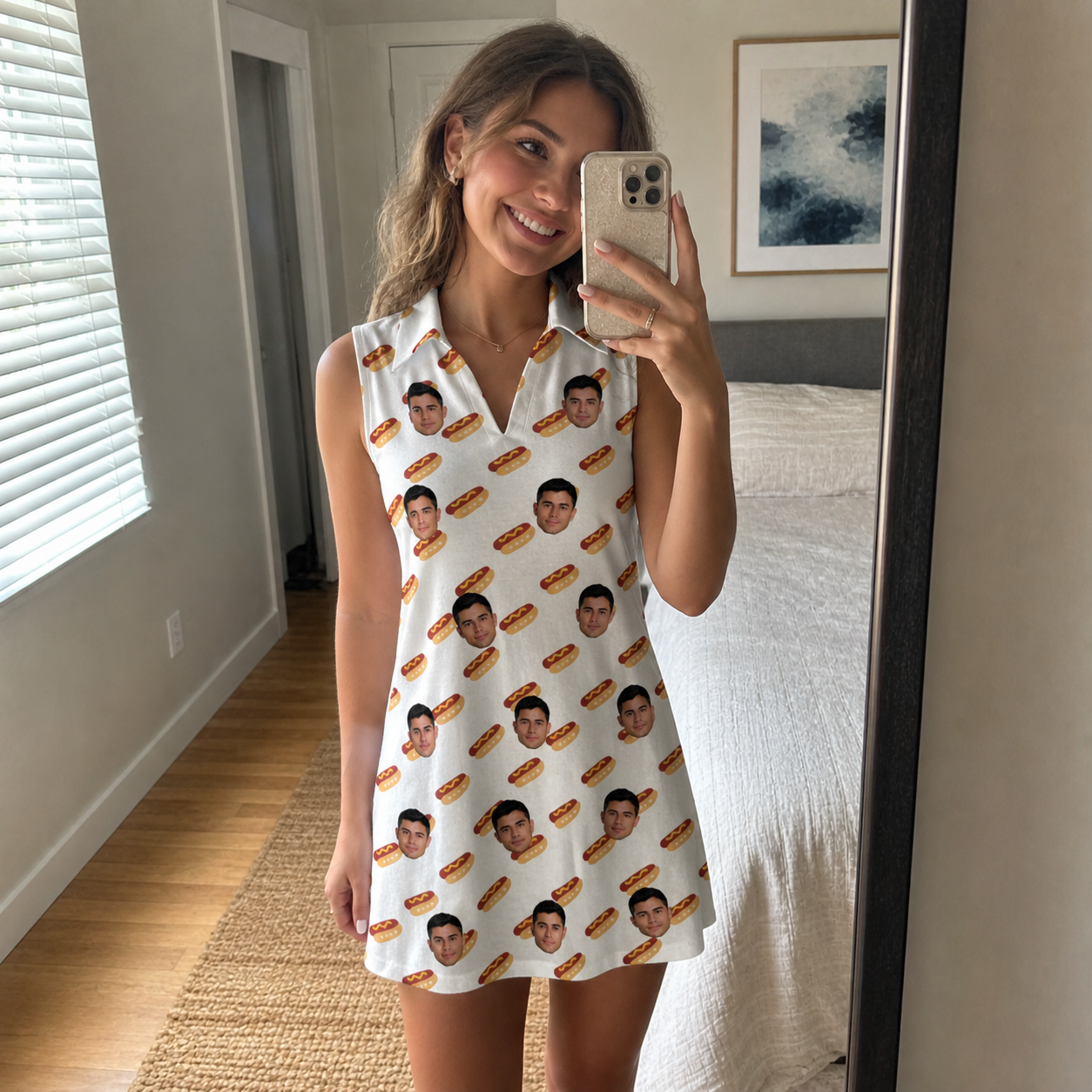 Real-life photo of someone wearing Women's Frank Feast Custom Face V-Neck Dress — custom faces printed all-over