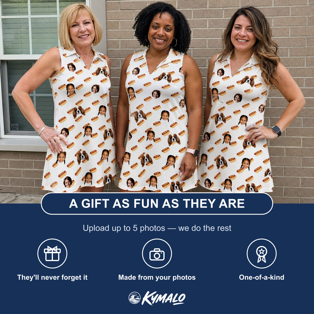 Friends in matching Women's Frank Feast Custom Face V-Neck Dress — a group gift photo