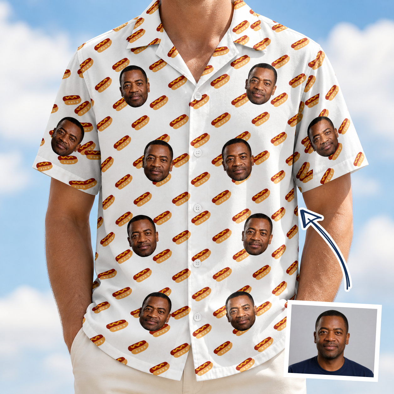 Man wearing Men's Frank Feast Custom Face Hawaiian Shirt — custom faces printed all-over