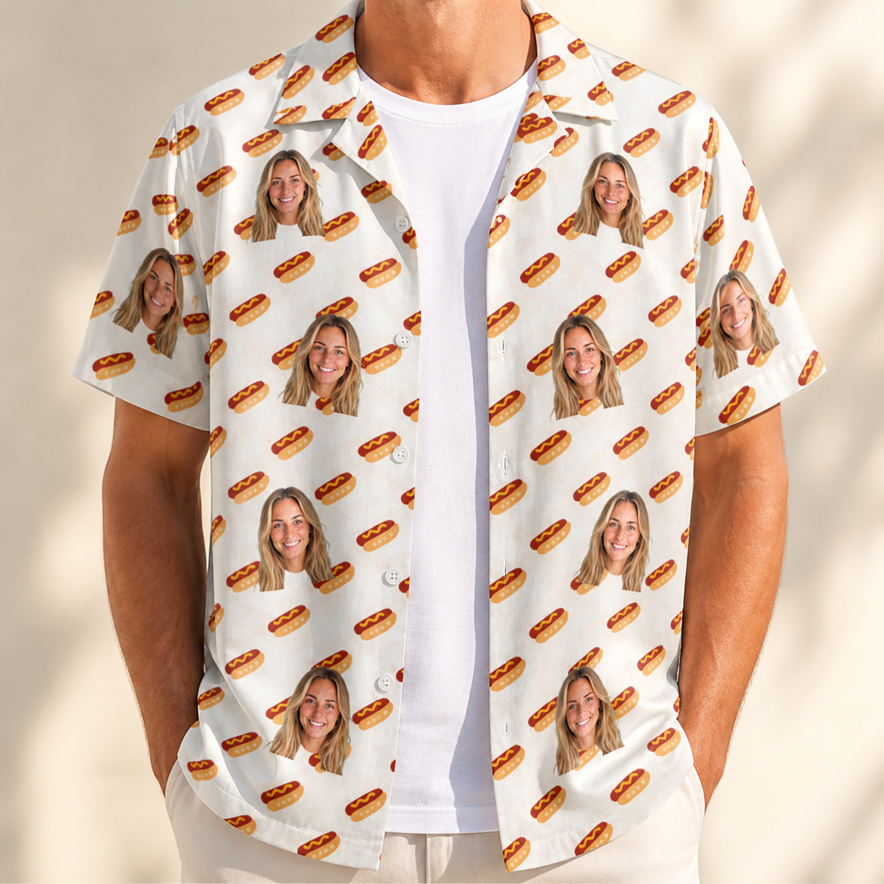 Man wearing Men's Frank Feast Custom Face Hawaiian Shirt open over a white tee