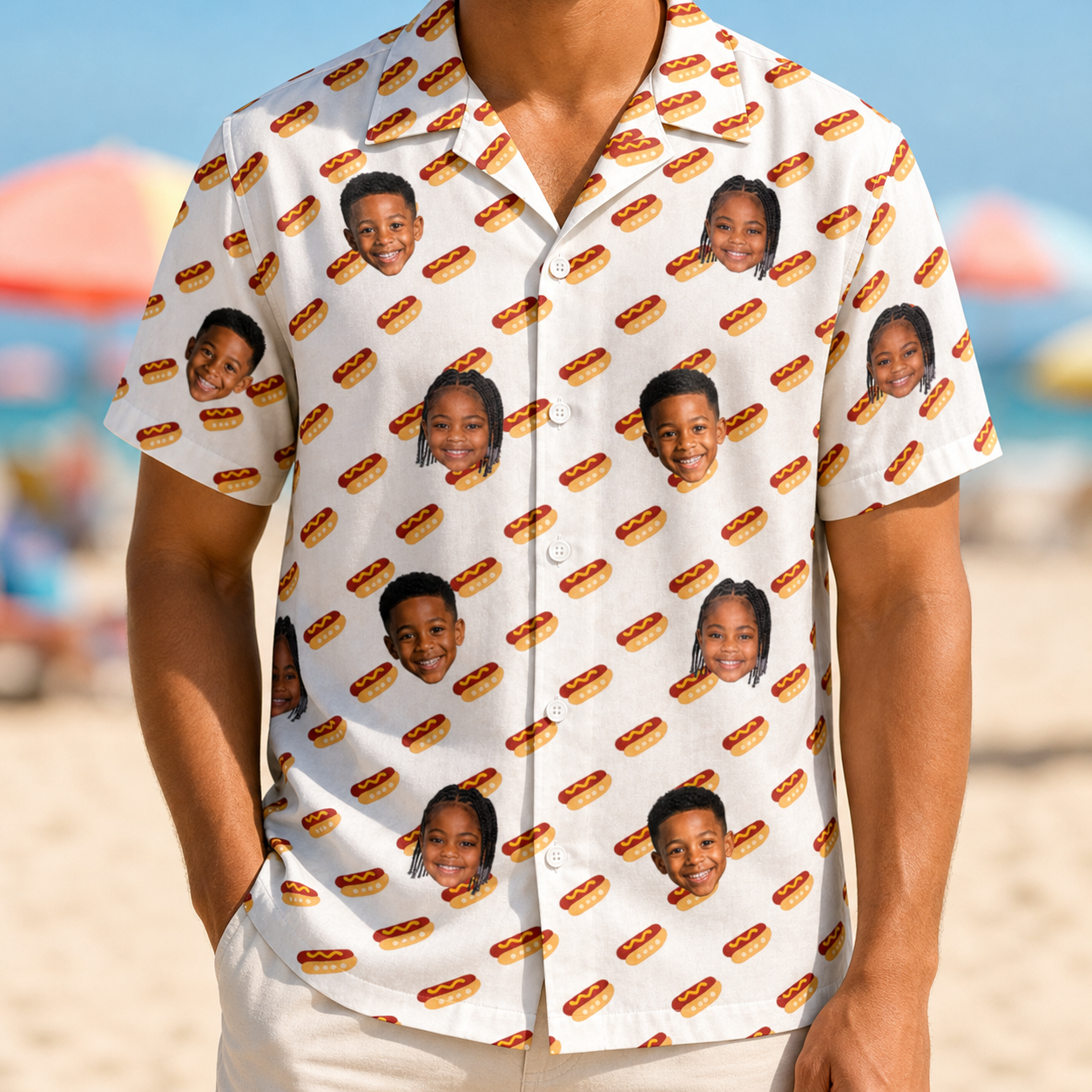 Model wearing Men's Frank Feast Custom Face Hawaiian Shirt printed with kids' faces