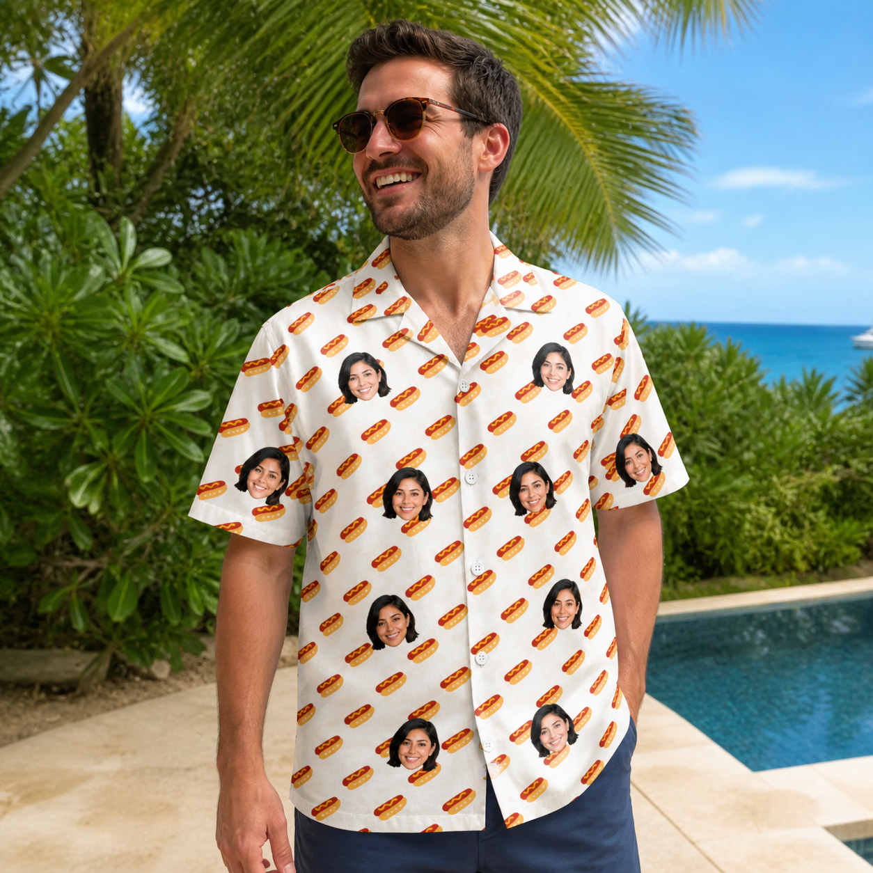 Real-life photo of someone wearing Men's Frank Feast Custom Face Hawaiian Shirt — custom faces printed all-over