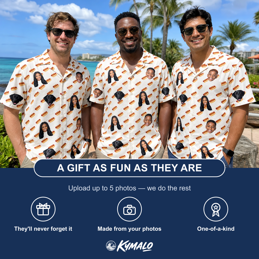 Friends in matching Men's Frank Feast Custom Face Hawaiian Shirt — a group gift photo