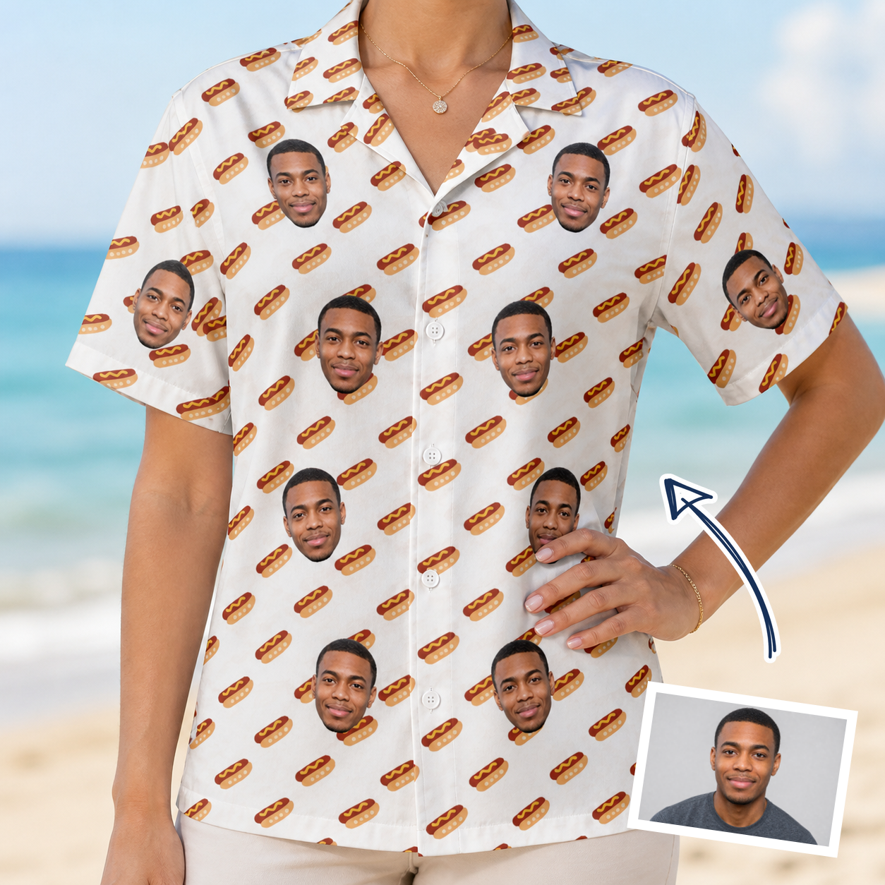 Woman wearing Women's Frank Feast Custom Face Hawaiian Shirt — custom faces printed all-over