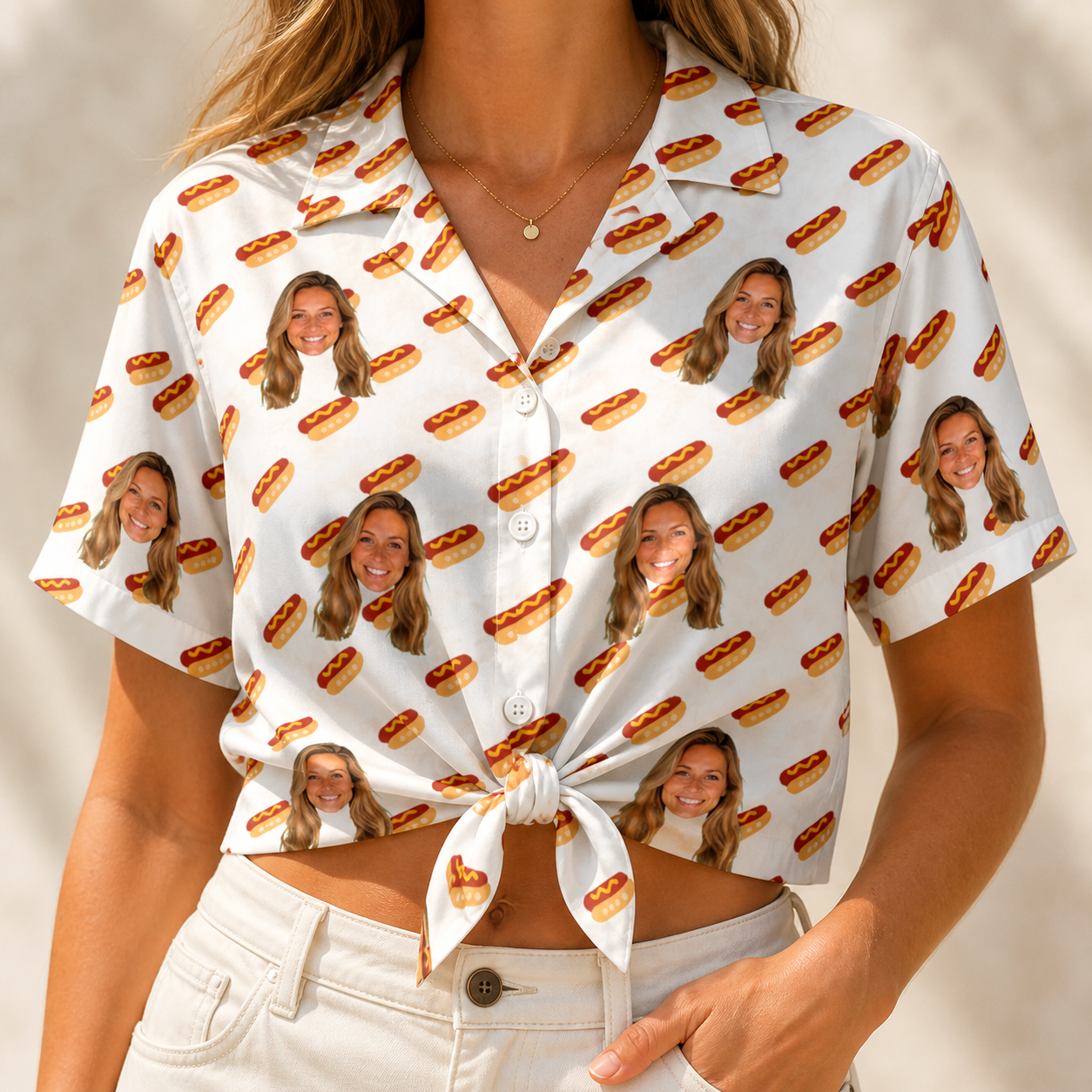 Woman wearing Women's Frank Feast Custom Face Hawaiian Shirt tied at the waist