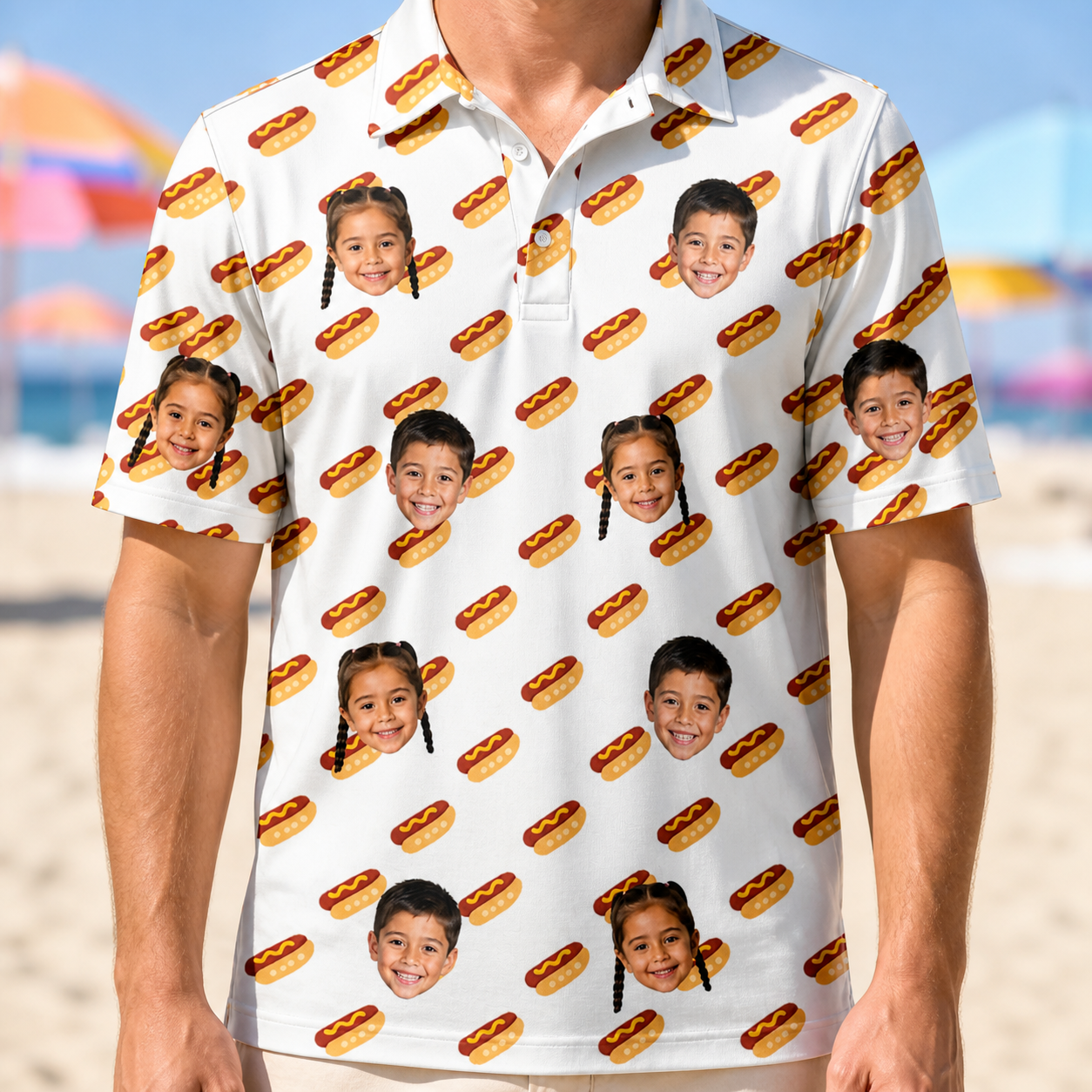 Model wearing Men's Frank Feast Custom Face Polo Shirt printed with kids' faces