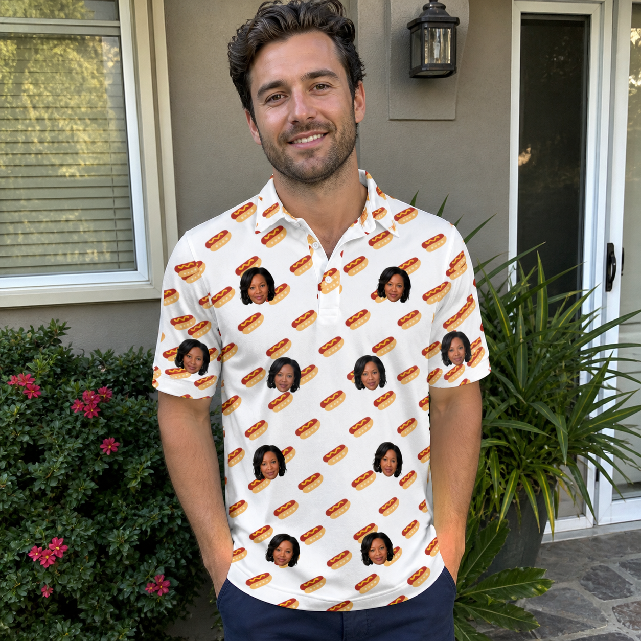 Real-life photo of someone wearing Men's Frank Feast Custom Face Polo Shirt — custom faces printed all-over