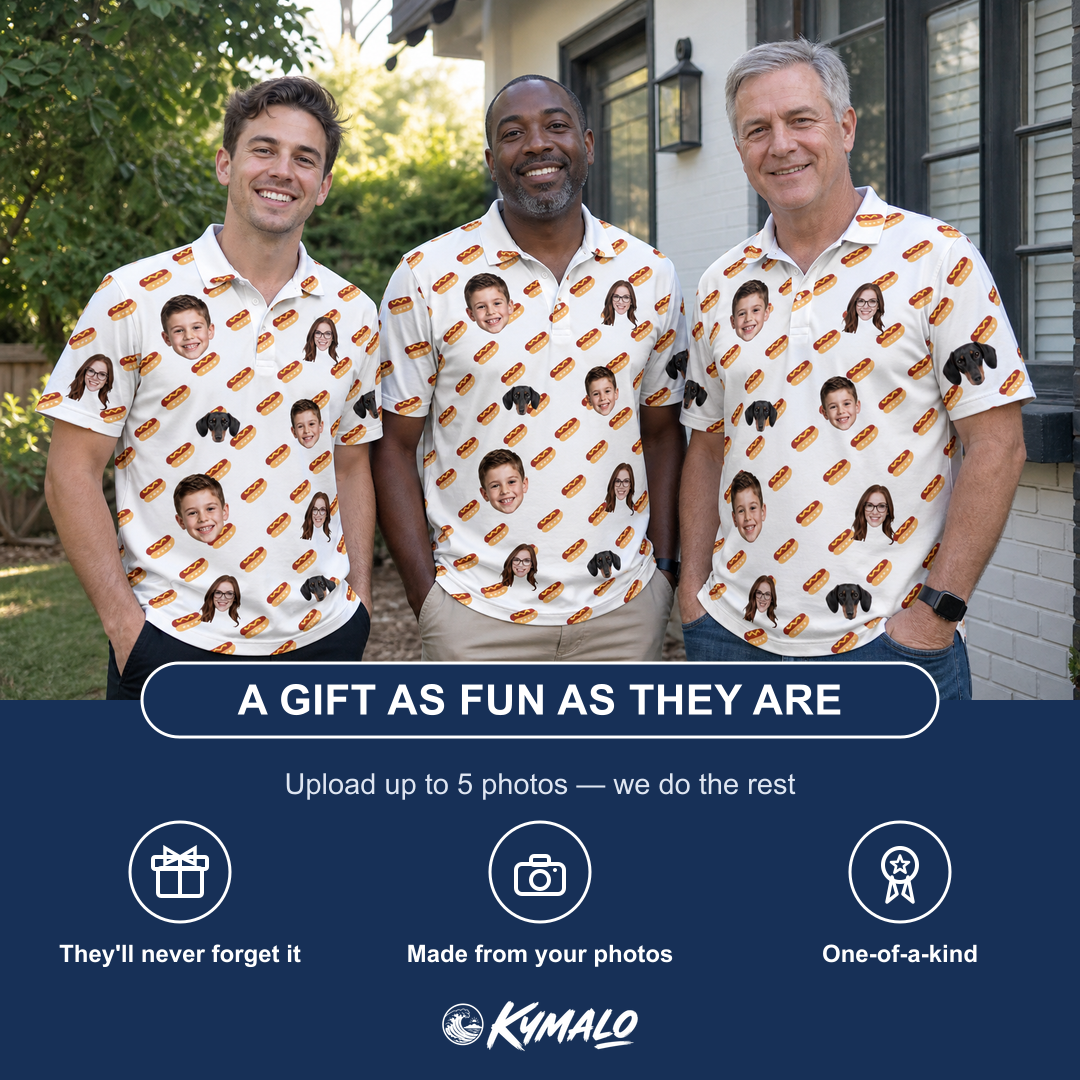 Friends in matching Men's Frank Feast Custom Face Polo Shirt — a group gift photo