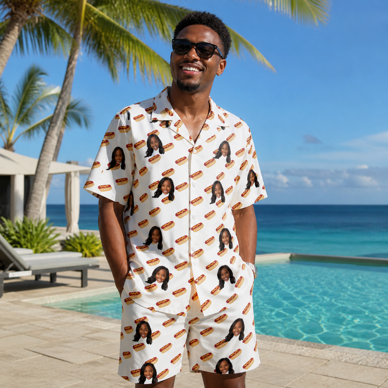 Real-life photo of someone wearing Men's Frank Feast Custom Face Shirt & Shorts Set — custom faces printed all-over