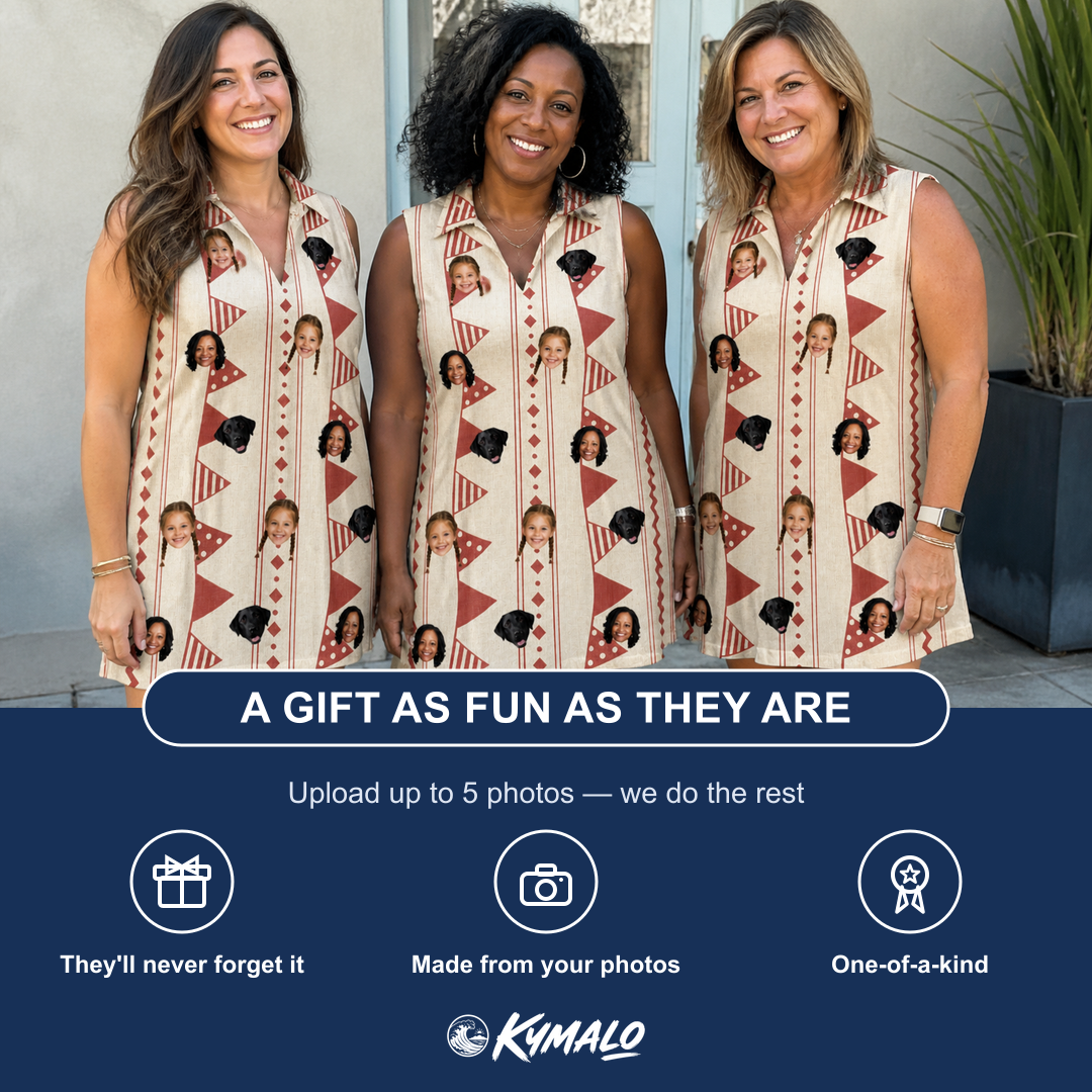Friends in matching Women's Home Huddle Custom Face V-Neck Dress — a group gift photo