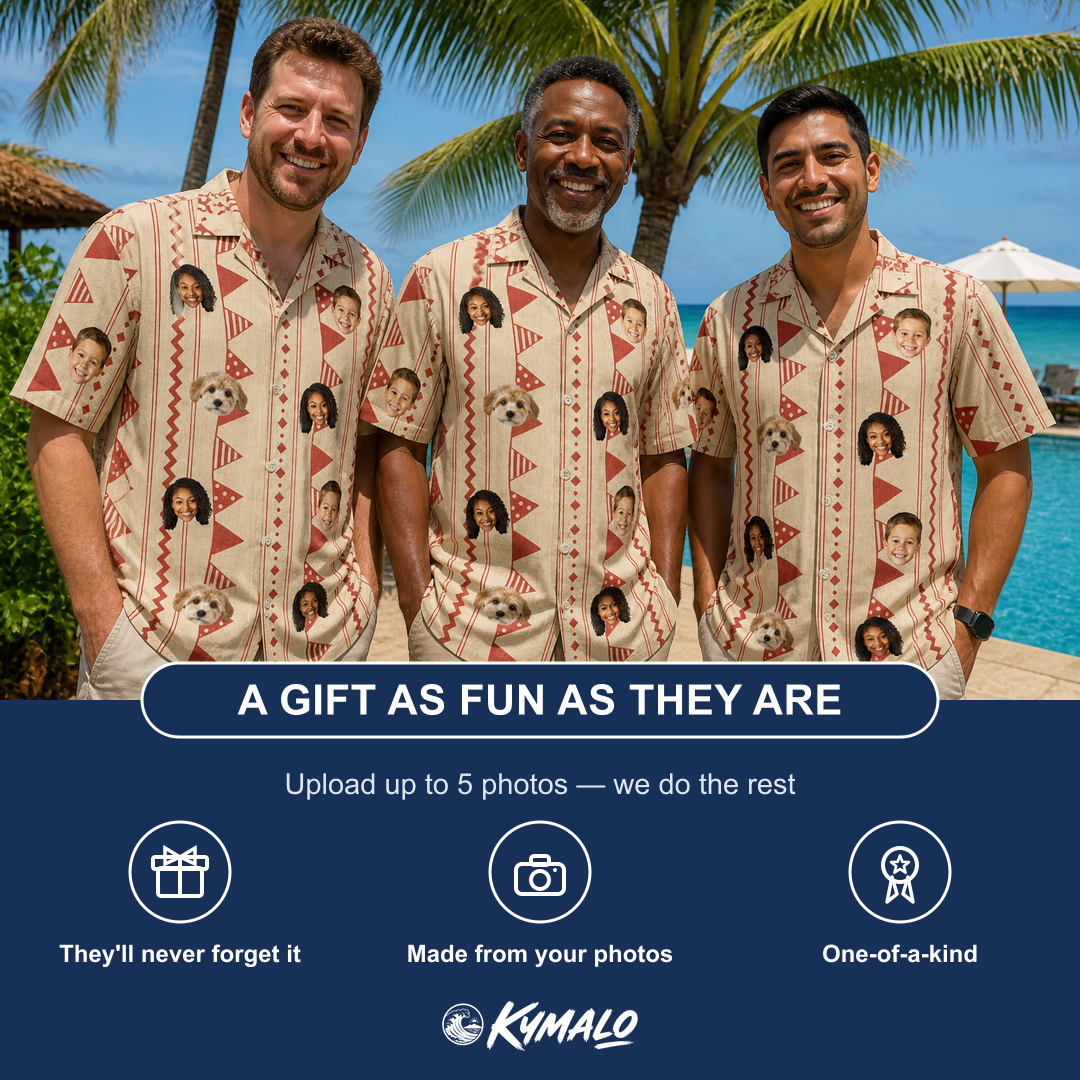 Friends in matching Men's Home Huddle Custom Face Hawaiian Shirt — a group gift photo