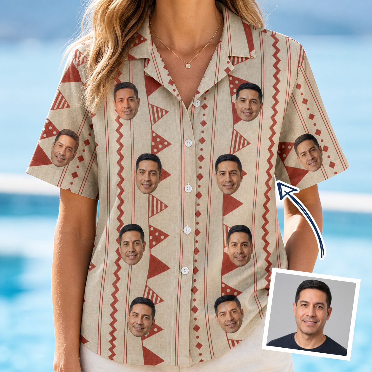 Woman wearing Women's Home Huddle Custom Face Hawaiian Shirt — custom faces printed all-over