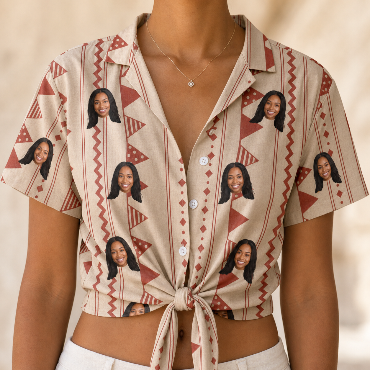Woman wearing Women's Home Huddle Custom Face Hawaiian Shirt tied at the waist