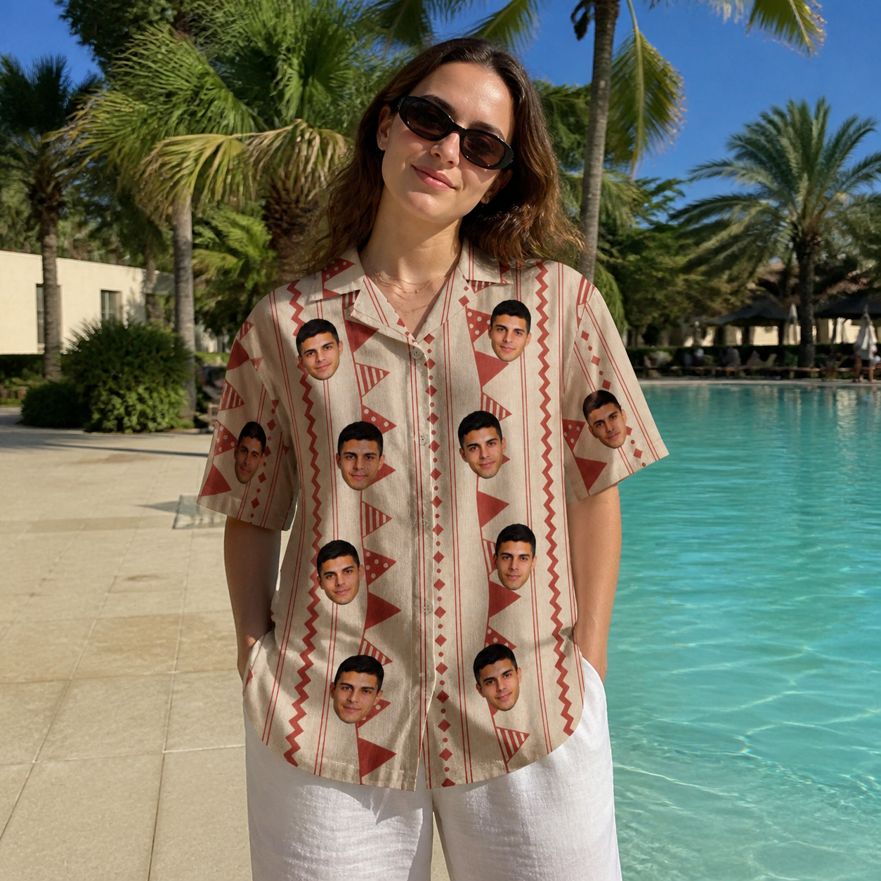 Real-life photo of someone wearing Women's Home Huddle Custom Face Hawaiian Shirt — custom faces printed all-over