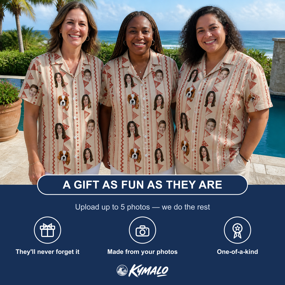 Friends in matching Women's Home Huddle Custom Face Hawaiian Shirt — a group gift photo