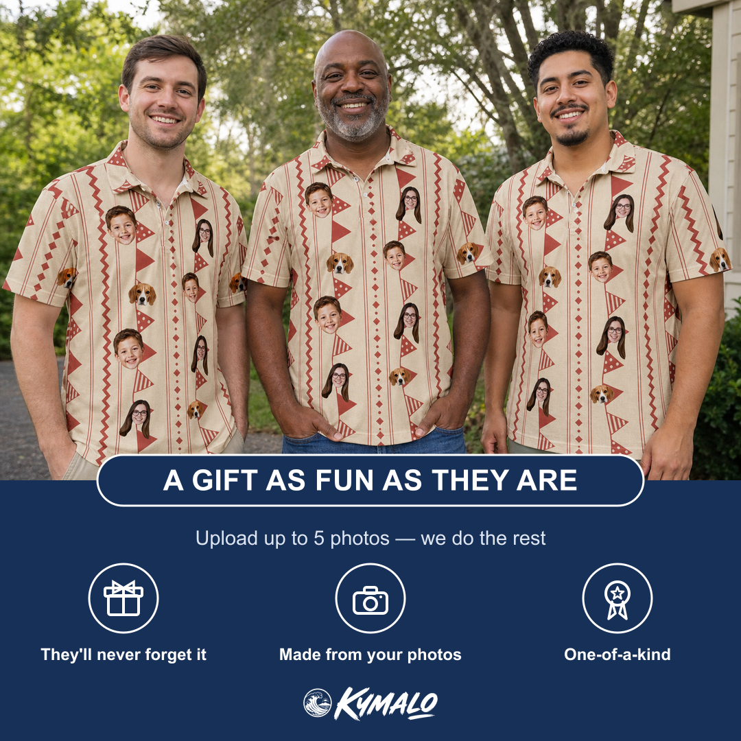 Friends in matching Men's Home Huddle Custom Face Polo Shirt — a group gift photo