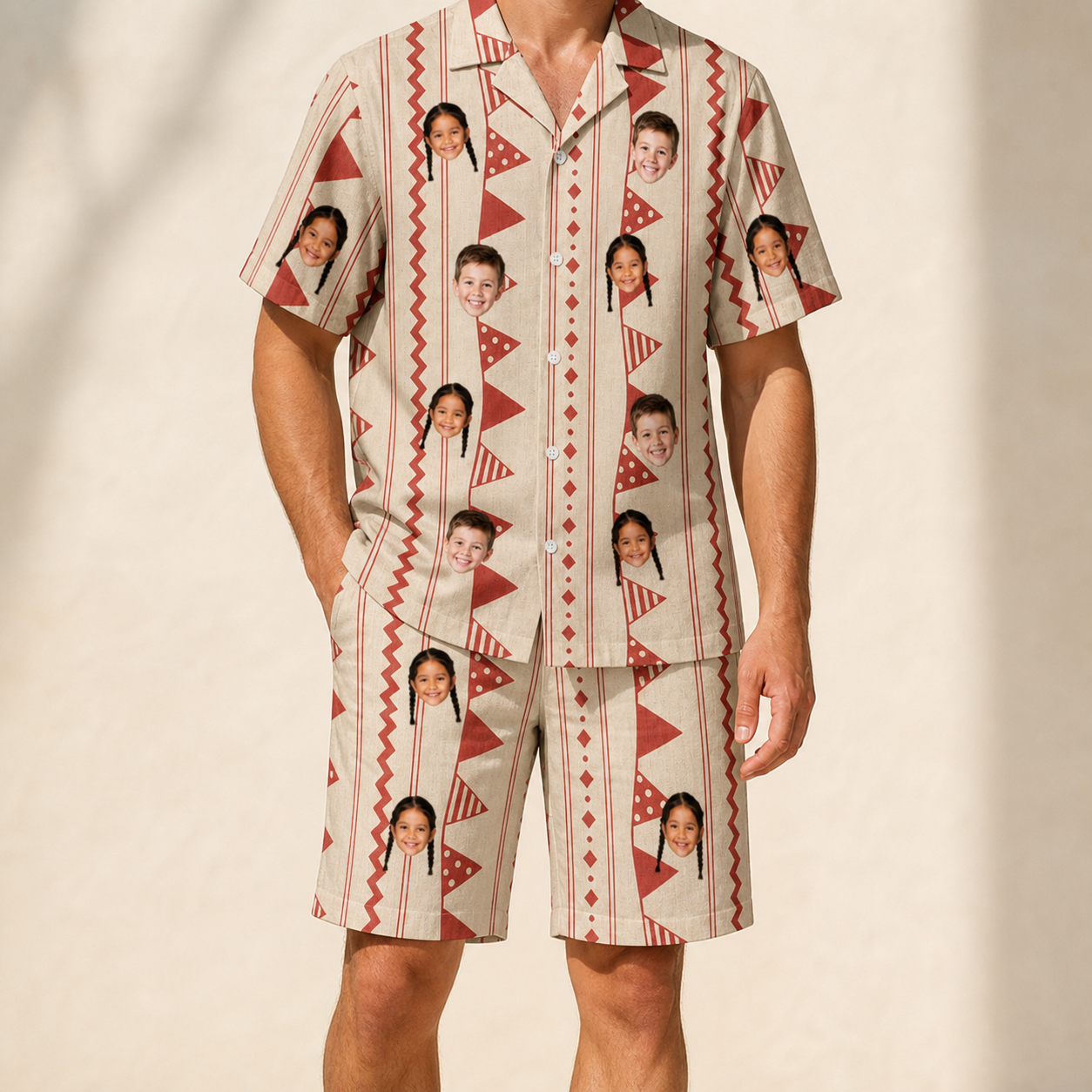 Model wearing Men's Home Huddle Custom Face Shirt & Shorts Set printed with kids' faces