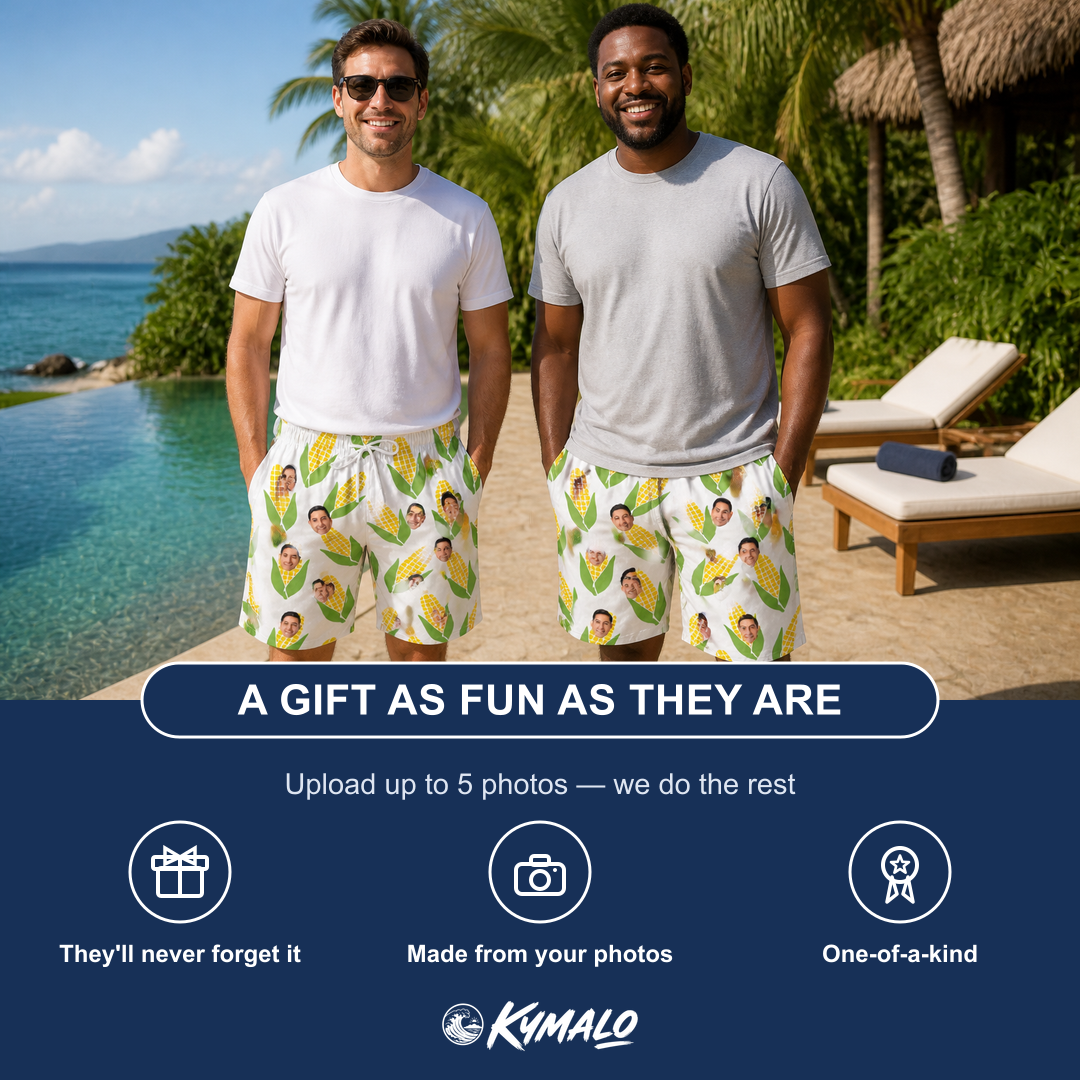 Friends in matching Men's Cob Together Custom Face Beach Shorts — a group gift photo