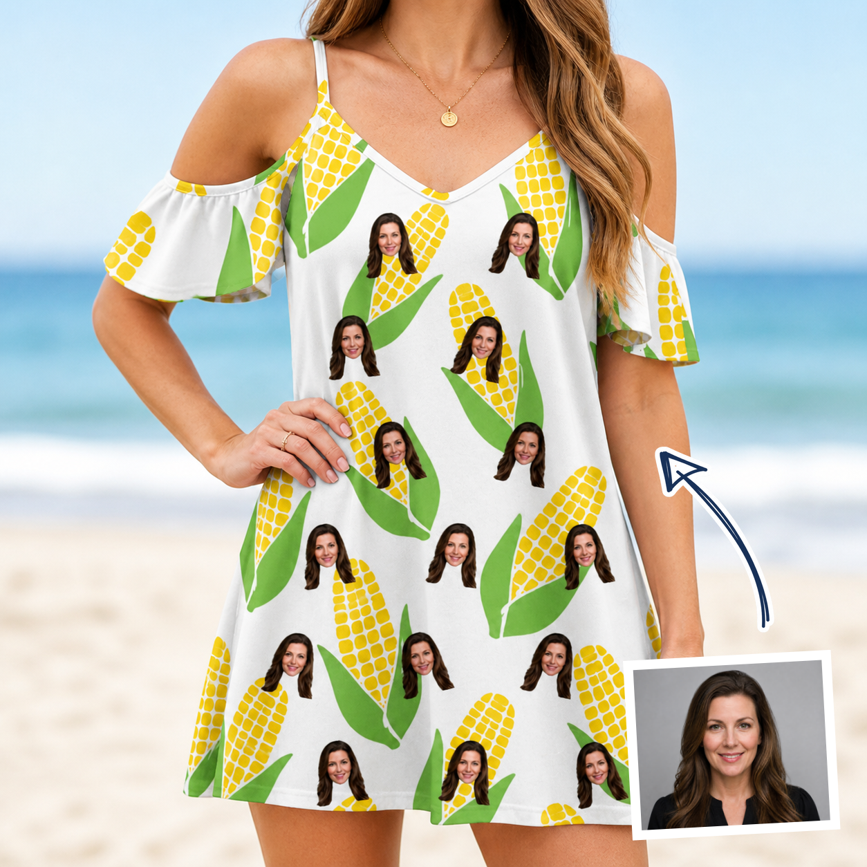 Woman wearing Women's Cob Together Custom Face Off-Shoulder Dress — custom faces printed all-over