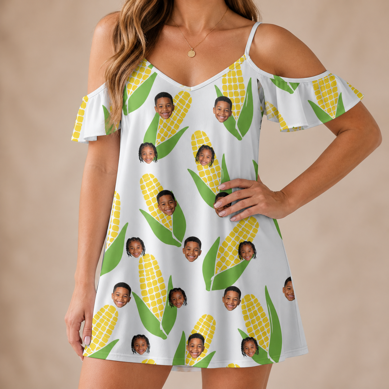 Model wearing Women's Cob Together Custom Face Off-Shoulder Dress printed with kids' faces