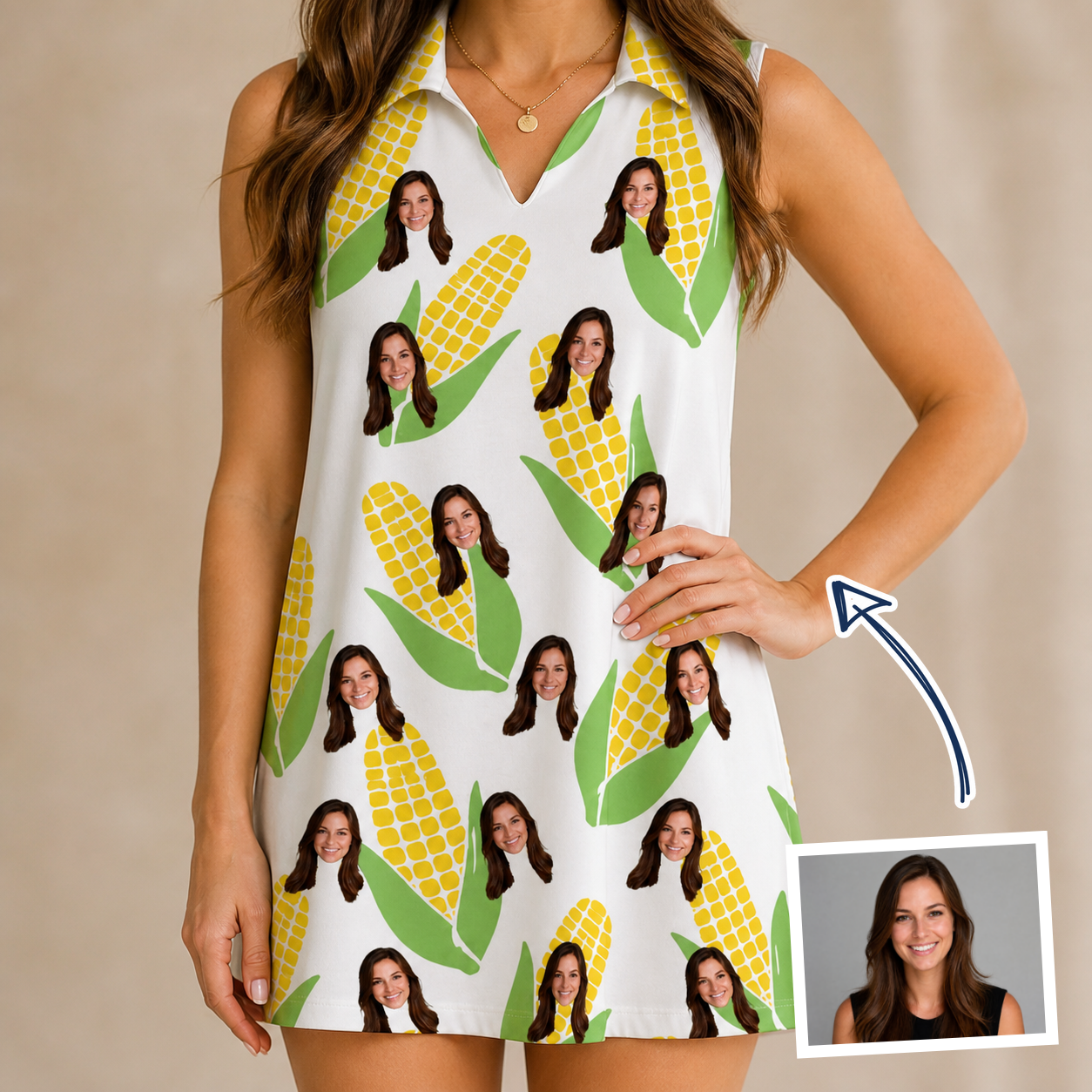 Woman wearing Women's Cob Together Custom Face V-Neck Dress — custom faces printed all-over